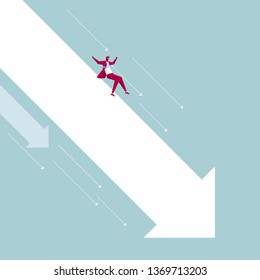 Businessman slides down from the arrow symbol. Isolated on blue background.