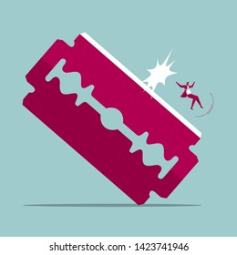 Businessman slides down from the razor blade. Isolated on blue background.