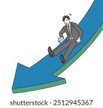 Businessman sliding down an arrow and becoming impatient