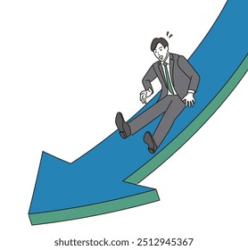 Businessman sliding down an arrow and becoming impatient