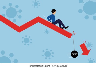 Businessman sliding down on the falling graph with pendulum with message 'debt' ,covid-19 or coronavirus outbreaks background, global  business crisis and recession  concept, vector illustration