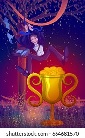 Businessman sliding on rope to achieve the gold winner trophy award. Vector illustration Business Concept