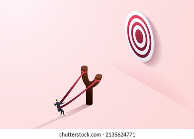 Businessman in slingshot prepares to dash towards a target on a large wall. for success in business with career challenges. isometric vector illustration. svg