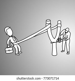 Businessman in a slingshot ready to launch to target and his colleague cutting the wood vector illustration doodle sketch hand drawn with black lines isolated on gray background. Blackmail.