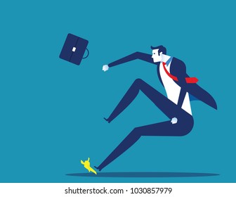 Businessman slipped on a banana peel. Concept business vector illustration. Flat character style.