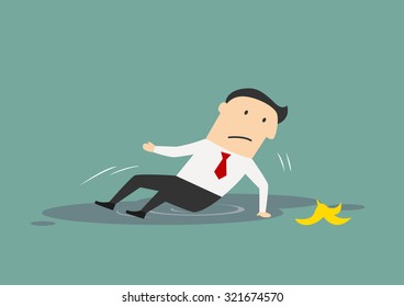 Businessman slipped on a banana peel and fell down in a puddle, for fail or mistake concept design. Cartoon flat style