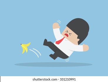 Businessman slipping on a banana peel, VECTOR, EPS10