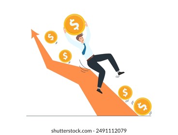 Businessman slipping on stock graph of business mistakes concept, failure, accident, stock market crash, economic downturn, recession, bankruptcy.