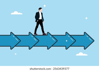 Businessman slowly moving forward along the arrow in a balanced manner. Maintaining continuity of growth. Reliability or stability for advancement in career development.Balance or steady step.