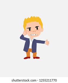 Businessman in smart casual style , is angry and points his head with his index finger.