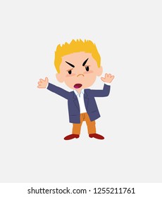 Businessman in smart casual style argues something with a gesture of discontent.