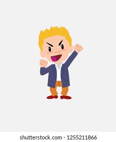 Businessman in smart casual style cheering enthusiastically.