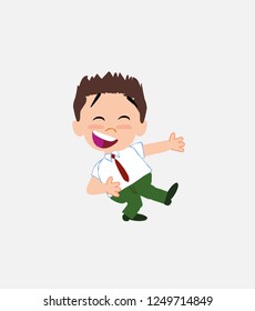 Businessman in smart casual style laughing while teaching something to his left.