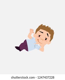 Businessman in smart casual style lying, greets with a dreamy expression.