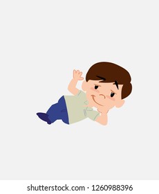 Businessman in smart casual style lying, greets with a dreamy expression.