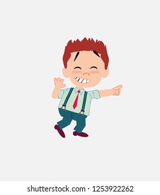 Businessman in smart casual style pointing to something funny on his left.