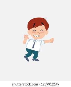 Businessman in smart casual style pointing to something funny on his left.