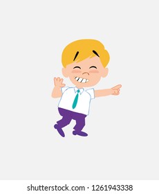 Businessman in smart casual style pointing to something funny on his left.