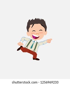 Businessman in smart casual style running smiling.