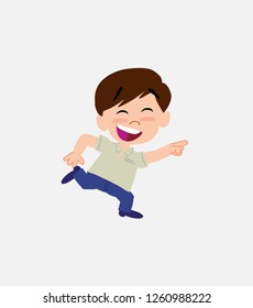 Businessman in smart casual style running smiling.