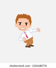 Businessman in smart casual style shows very angry something to his left.