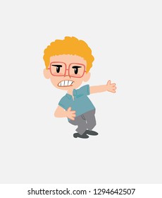 Businessman in smart casual style shows very angry something to his left.