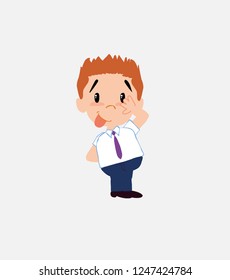 Businessman in smart casual style sticks out his tongue in gesture of funny shyness.