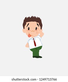 Businessman in smart casual style sticks out his tongue in gesture of funny shyness.