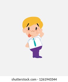 Businessman in smart casual style sticks out his tongue in gesture of funny shyness.