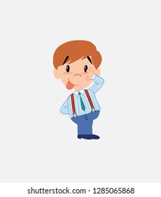 Businessman in smart casual style sticks out his tongue in gesture of funny shyness.