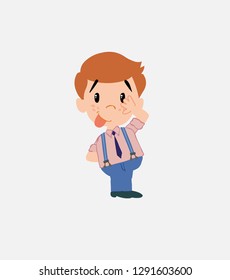Businessman in smart casual style sticks out his tongue in gesture of funny shyness.