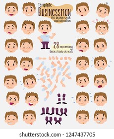 Businessman in smart casual style. Twenty eight expressions and basics body elements, template for design work and animation. Vector illustration to Isolated and funny cartoon character.