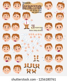 Businessman in smart casual style. Twenty eight expressions and basics body elements, template for design work and animation. Vector illustration to Isolated and funny cartoon character.