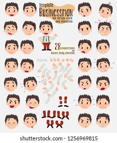 Businessman in smart casual style. Twenty eight expressions and basics body elements, template for design work and animation. Vector illustration to Isolated and funny cartoon character.
