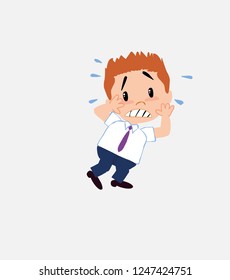 Businessman in smart casual style very alarmed takes the hands to the head.