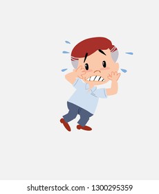 Businessman in smart casual style very alarmed takes the hands to the head.