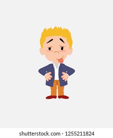 Businessman in smart casual style in waiting attitude with funny expression.