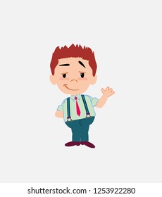 Businessman in smart casual style waving with a dreamy expression.