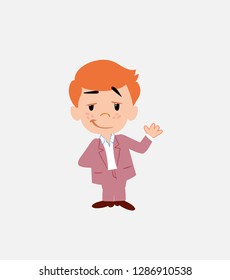 Businessman in smart casual style waving with a dreamy expression.