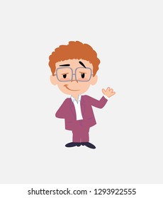 Businessman in smart casual style waving with a dreamy expression.
