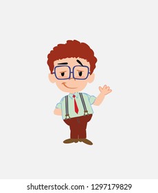 Businessman in smart casual style waving with a dreamy expression.