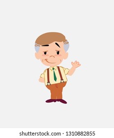 Businessman in smart casual style waving with a dreamy expression.