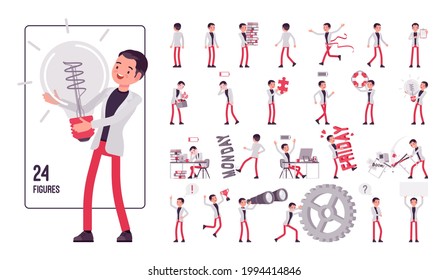 Businessman, smart male office worker character set, pose sequences. Manager, administrative person, corporate employee wear, business objects. Full length, different gestures, emotions, positions