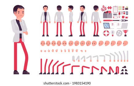 Businessman, smart office worker construction set. Manager, administrative person, corporate employee dress code and business objects. Cartoon flat style infographic illustration, different emotions