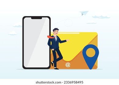 Businessman with smart phone, email and location pin, contact us via email, phone or office location, communicate with customer or client, business information or channel for business contact (Vector)