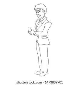 Businessman with smart phone in hand. Vector illustration with continuous lines on white background.