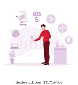 Businessman with smart retail concept via smartphone, online shopping access, marketing, infographics, and smart retail technology icon. Trend Modern vector flat illustration.