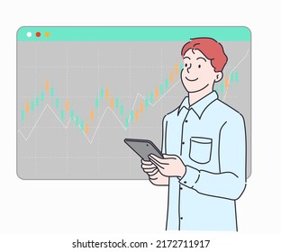 Businessman with smart tablet in hands analysing stock market changes.  Hand drawn in thin line style, vector illustrations.