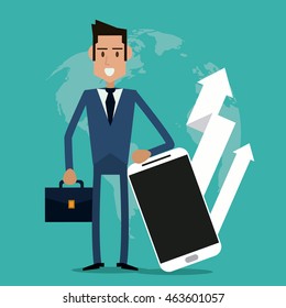 Businessman smartphone arrow growth man male suitcase business icon. Colorfull and flat illustration. Vector graphic