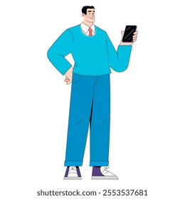 Businessman with smartphone concept. Professional male in casual attire engaging with mobile technology. Corporate communication and accessibility. Vector illustration.